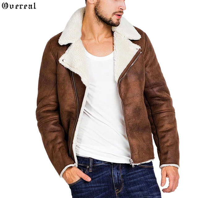 Side Zipper Winter Warm Fleece Lined Male Faux Fur Collar Leather ...