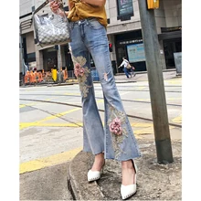 Женские цветочные женские джинсы с вышивкой рваные синие винтажные женские джинсы узкие брюки длиной до щиколотки средняя талия корейский стиль