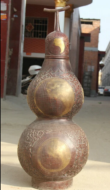 

huij 007137 34" Larger Chinese Bronze Gild exorcise Eight Diagrams Feng Shui calabash gourd