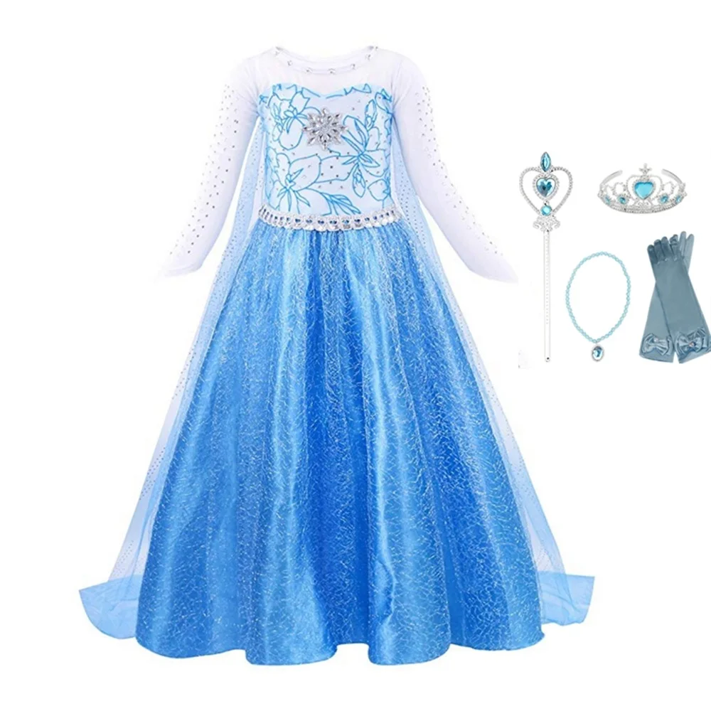 Платье Эльзы; одежда с длинными рукавами; костюм принцессы Снежной Королевы для девочек; Детский карнавальный костюм на Хэллоуин; вечерние платья принцессы с волосами - Цвет: Dress 02 set