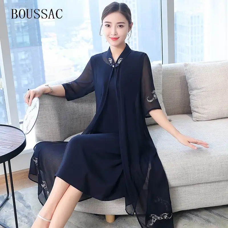 Новое летнее шелковое платье в китайском стиле, женский модный комплект из двух предметов, платье размера плюс, элегантное женское платье со стоячим воротником, Vestidos M-4XL