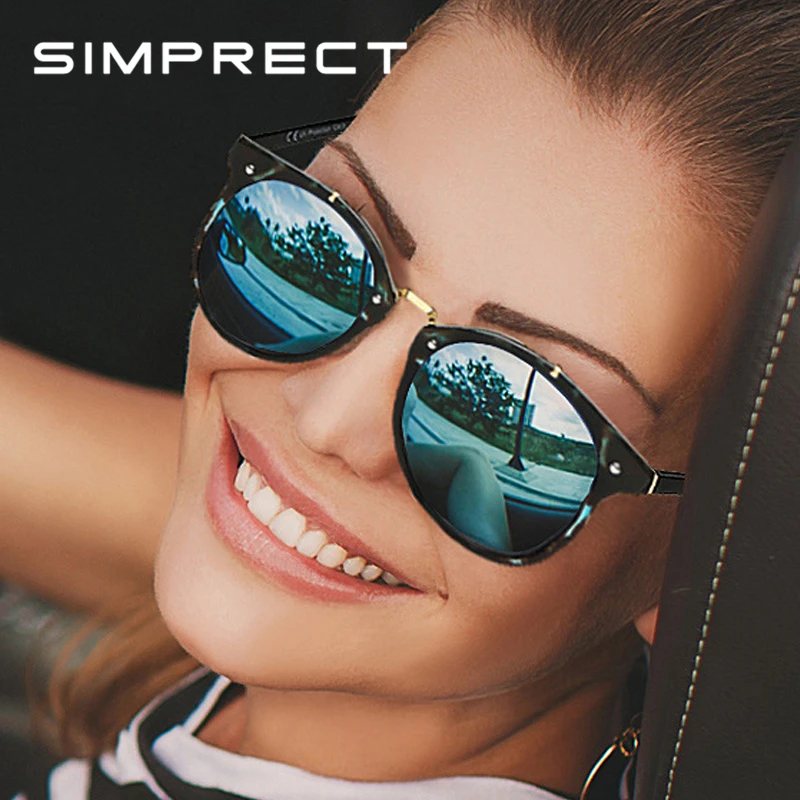 SIMPRECT, Ретро стиль, кошачий глаз, солнцезащитные очки для женщин,, Круглые, зеркальные, UV400, солнцезащитные очки, брендовые, дизайнерские, модные, Lunette De Soleil Femme