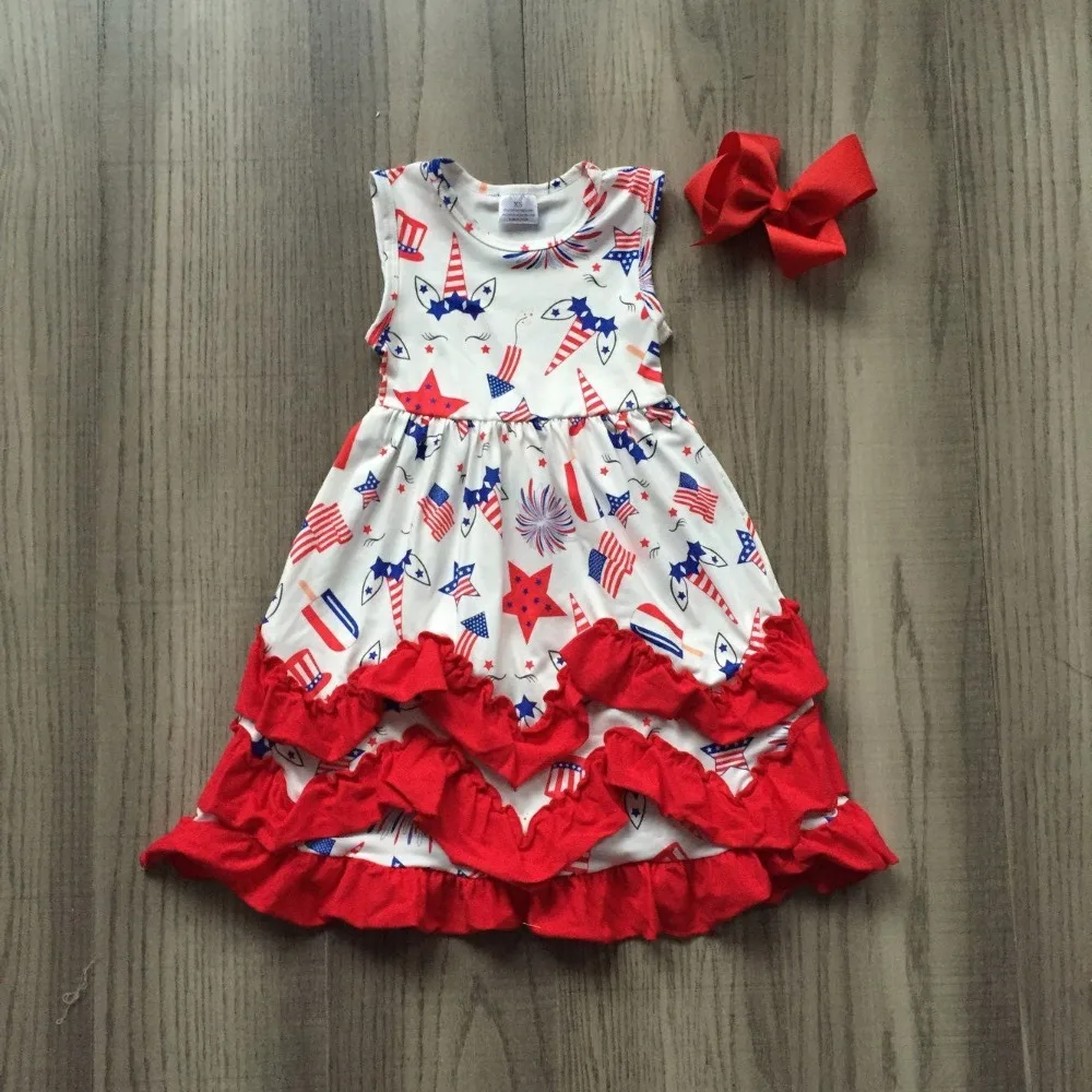 

summer july 4th stars unicorn baby girls children clothes ruffles boutique outfits cotton milk silk match bow maxi length dress