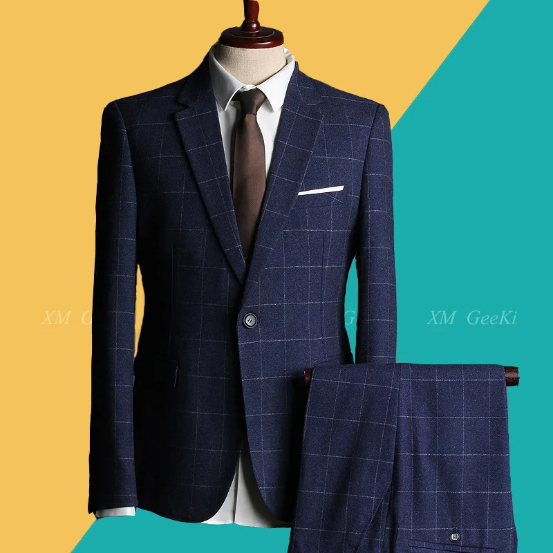 Mens Suit Men's 3 Pieces Business Blue Plaid Suits Male Casual Blazer Jacket For Wedding Dress XFD0020 | Мужская одежда