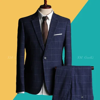 

Mens Suit Men's 3 Pieces Business Blue Plaid Suits Male Casual Blazer Suits Jacket For Wedding Dress Suits XFD0020