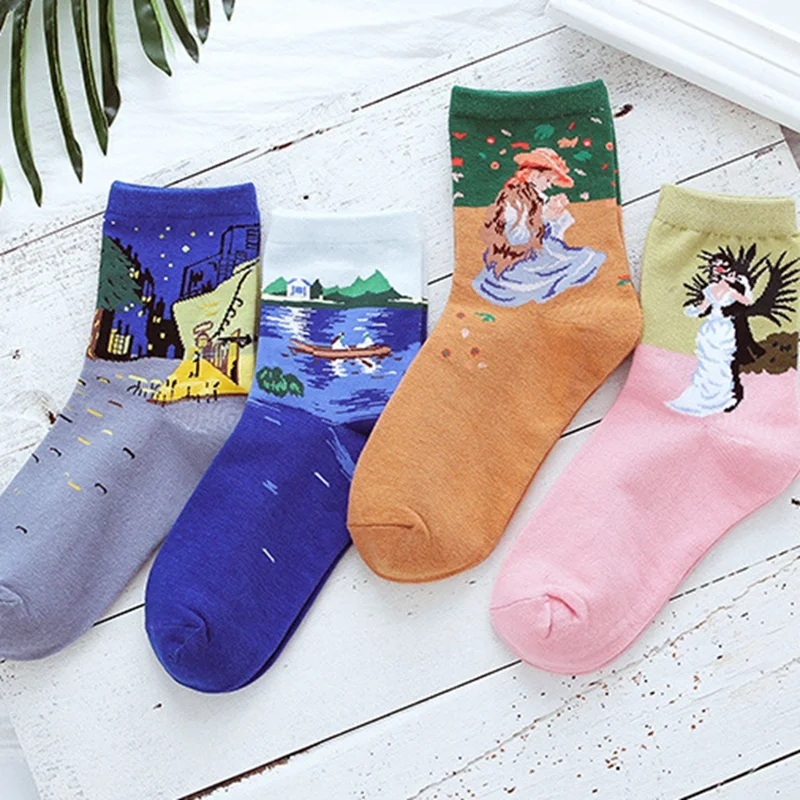 

SP&CITY Romantic Women Van Gogh Painting Socks Cotton Female Ankle Funny Socks Vintage Colored Students Art Female Casual Sox