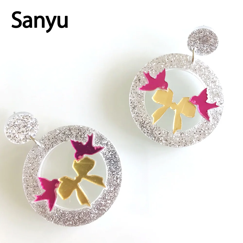 

Big Circle Geometric Hollow Out Pink Sallow Acrylic Drop Earrings Glitter Powder Bowknot Shining Lovely Drop Earrings for Women