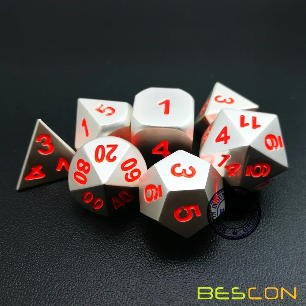 Bescon 7 шт. набор твердых металлических многогранных D& D игральных костей, набор матовых серебряных с оранжевыми цифрами, металлические ролевые игры, Набор Игральных кубиков