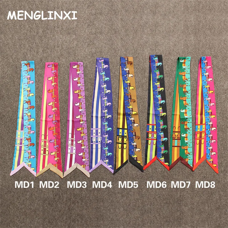 

2019 New Women Silk Scarf Hair Bags Handle Decoration Tie Multifunction Hand Ribbon Scarf Fashion Horse Print Small Ribbon Scarf