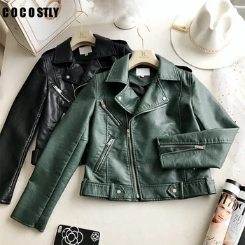 

2019 Spring Autumn Leather Jacket Women Green Short Motorcycle PU Long Sleeve High End Leather Women Biker Jacket Coat