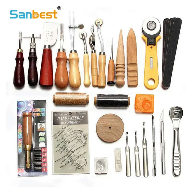 Sanbest Professional Leather Craft Tools Kit Hand Sewing Stitching Punch Carving Work Saddle Groover Set Accessories DIY AT00004 1