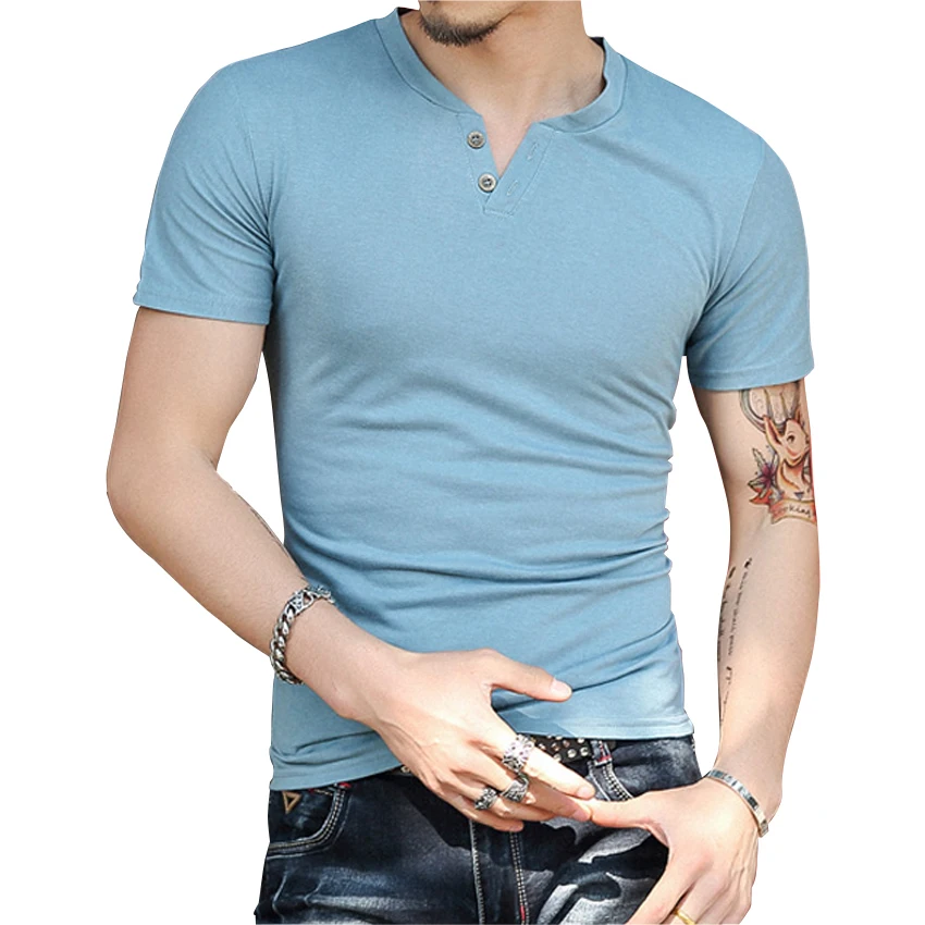 Men T Shirt New Design Simple Solid Men's Casual T Shirt Two Button ...