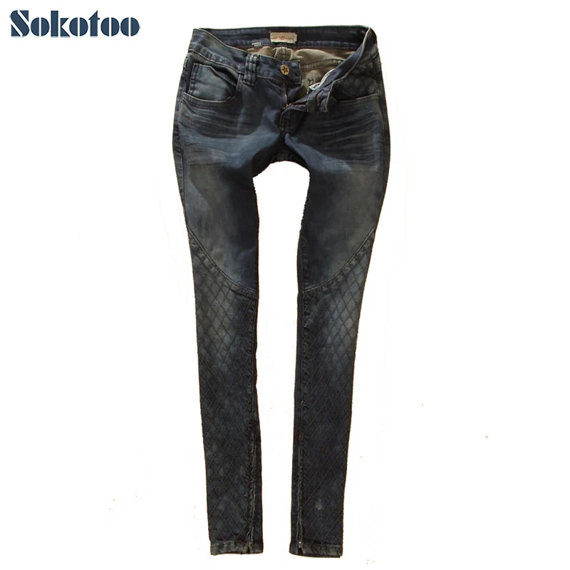 Sokotoo для женщин алмаз плед хлопок джинсовые штаны модные стильные обтягивающие джинсы сращены карандаш брюки для девочек Бесплатная