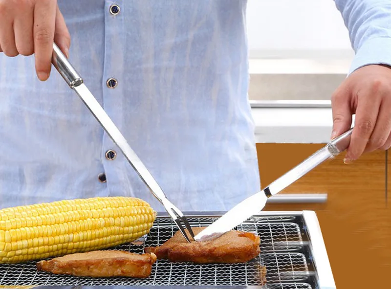 1SET Stainless Steel BBQ Tools Knife & Fork Set Round Handle Heat Resistance Non-Stick Grill For Outdoor Barbecue Tools OK 0272