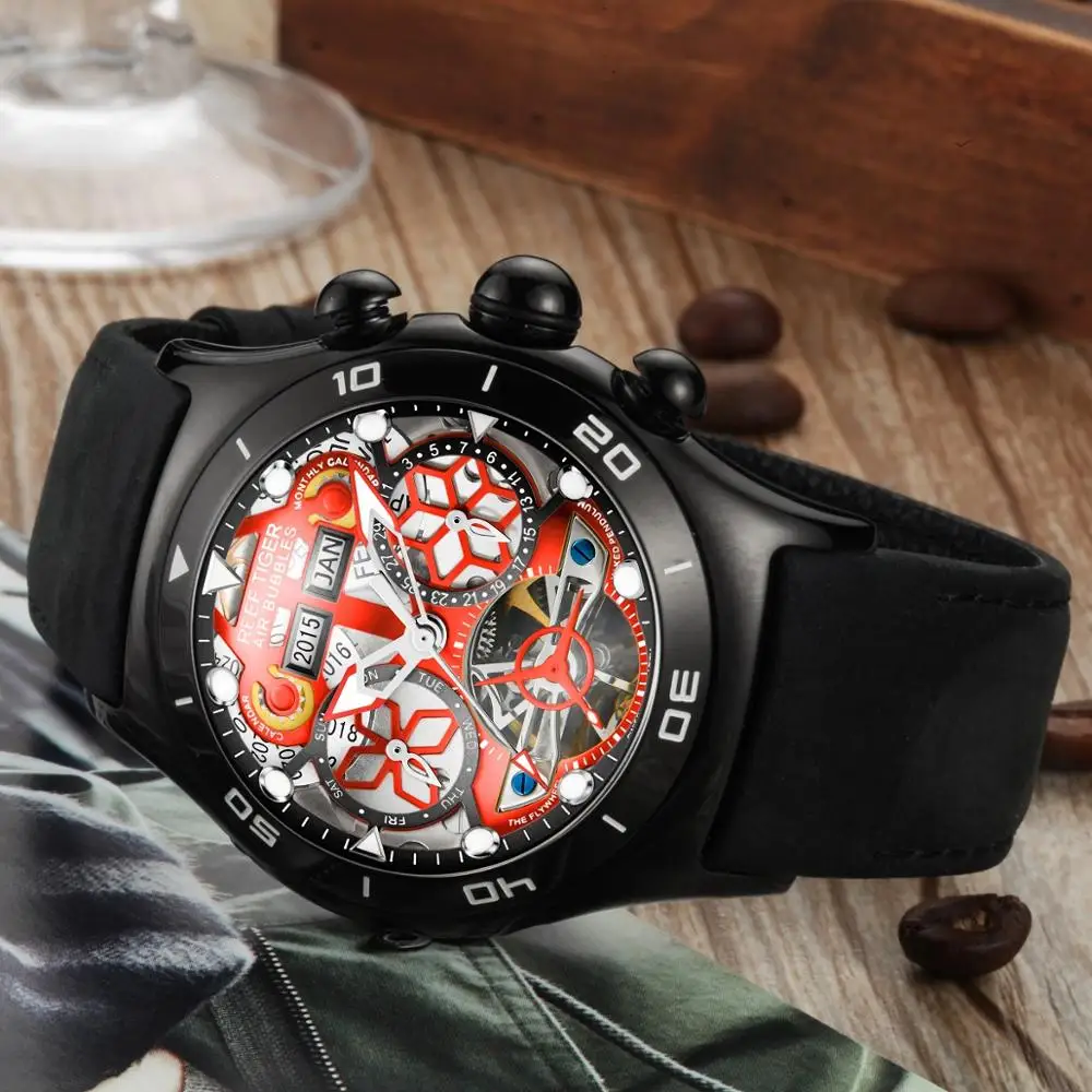 Мужские спортивные часы Reef Tiger/RT светящиеся скелетоны цвета розового золота с