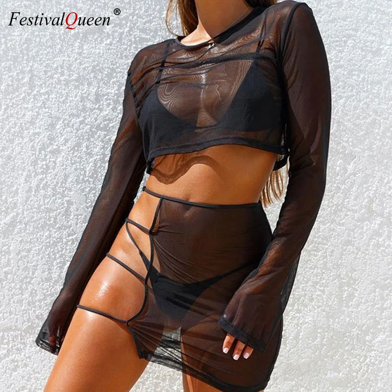 

Sexy Black White Mesh See Through Two Piece Set Women Long Sleeve Crop Top Sexy Hollow Out Mini Skirts Club Summer Beach Outfits