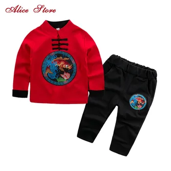 

Boys Clothing Sets 2017 Chinese Style Folk-custom Embroidery Button Stand Collar Coats+pants Kids Suits Clothes Set for Baby Boy