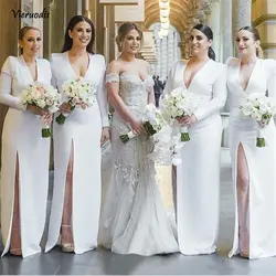 Белые атласные платья свидетельницы V шеи оболочки Стиль высокое Разделение с длинным рукавом свадебное платье гость 2019 высокое качество