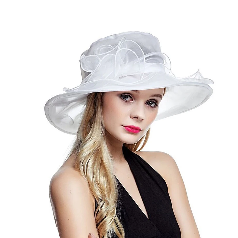 Lawliet, белые летние шляпы для женщин, женская шляпа из органзы с широкими полями, шляпа от солнца, Кентукки, Дерби, свадебные, церковные, вечерние, цветочные шляпы, шапка A002