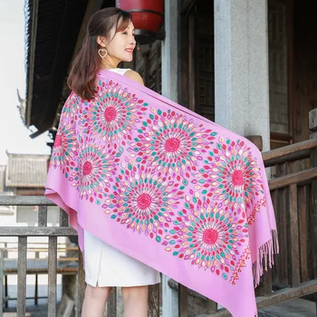 

Women Cashmere Tassel Scarves Floral Flowers Embroidery Pashmina 200*70 cm Long Soft Wraps Warm Female Winter Shawls