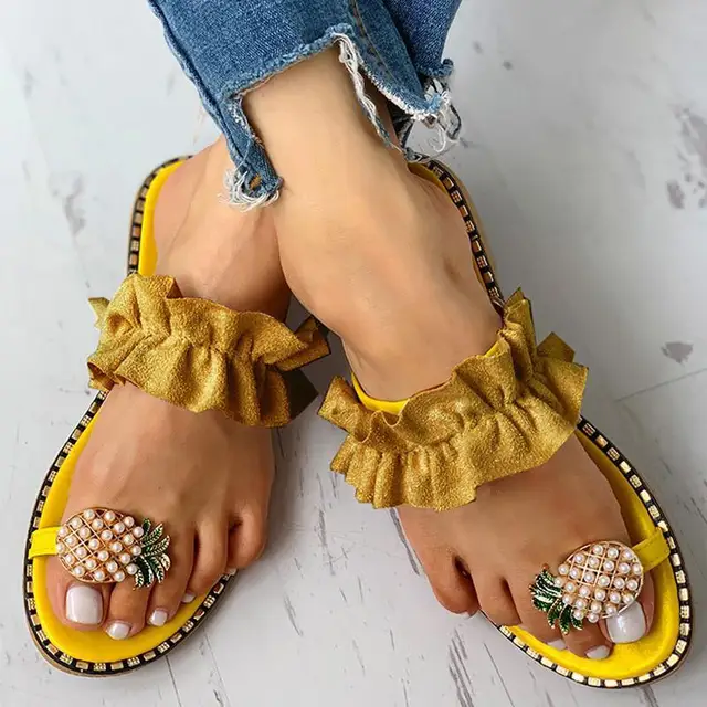 Pineapple Pattern Toe Ring Frill Hem Casual Sandals 2