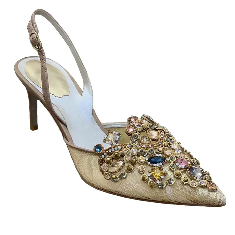 

Golden Luxury Women High Heel sandals female heels for Party sexy heels Real leather slingback pumps