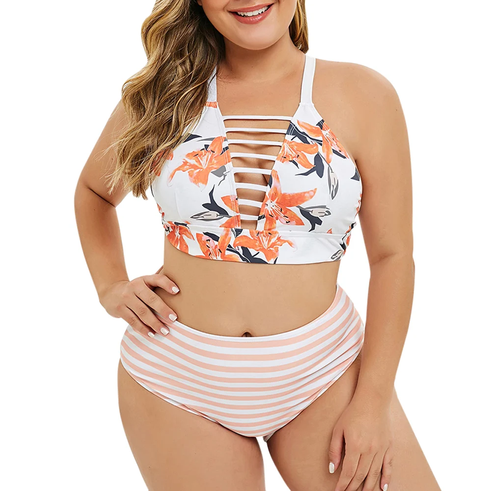 

ROSE GAL Women Plus Size Contrast Flower Swimsuit Floral Stripes Criss Cross Strappy Bikini Set Hollow Out Two Piece Swimwear