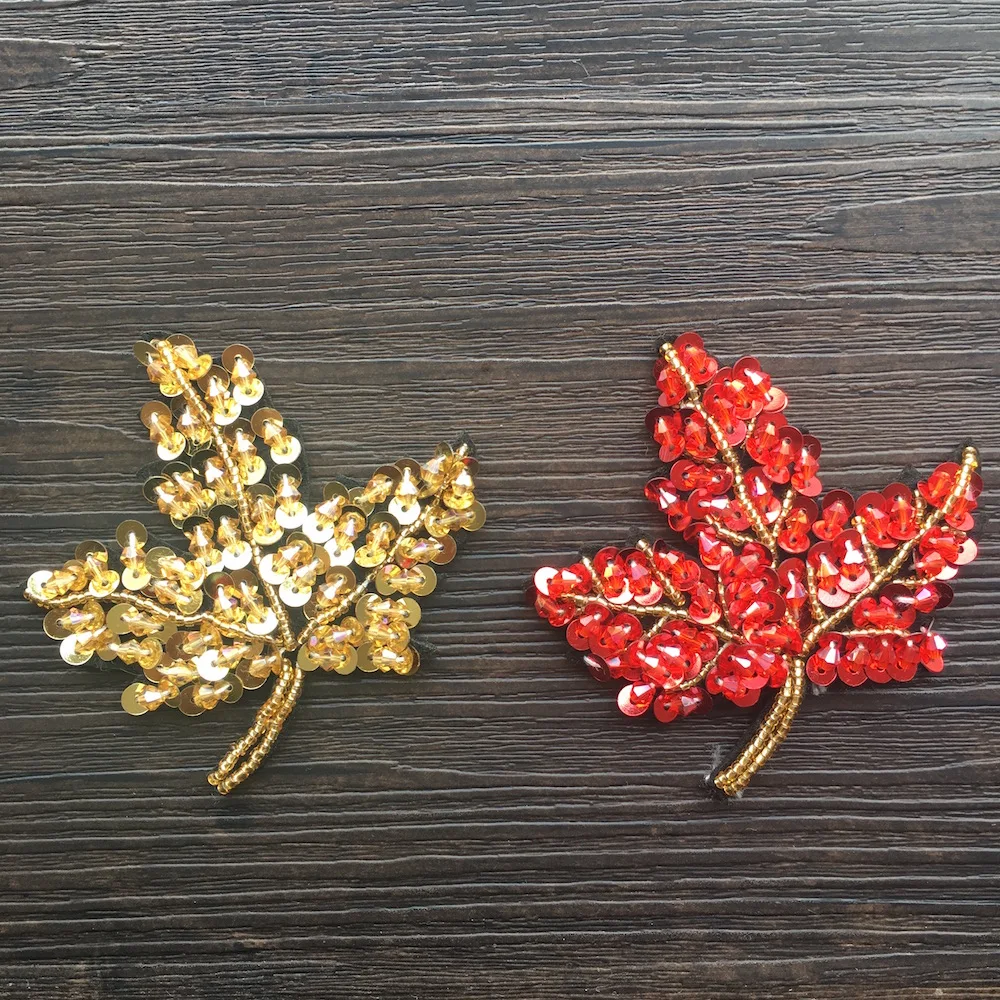 

1Piece Gold Red Maple Leaves Rhinestone Beaded Patches Sequins Sewing on Bead Applique Patches for Clothes Shoes Bags LSHB722