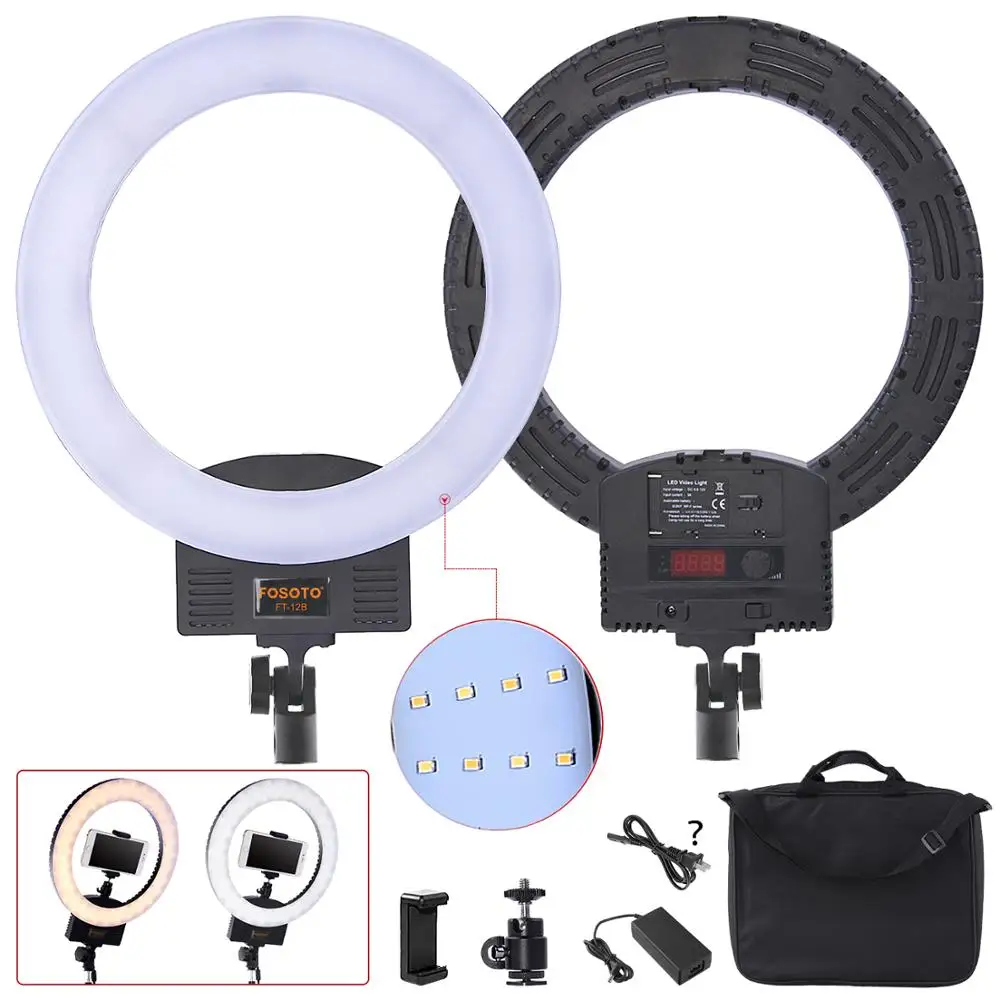 

Fusitu FT-12B Bi-color Selfie Ring Lamp 3200-5600K 240 Led Photographic light with 3 Hot Shoe Ring Light For Camera Phone Video