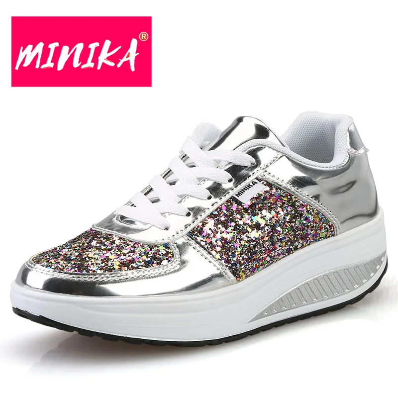 

MINIKA 2017 New Women Sneakers Fashion Lace Up Sequin Flat Shoes Women Comfortable Platform Sneakers Women Casual Shoes