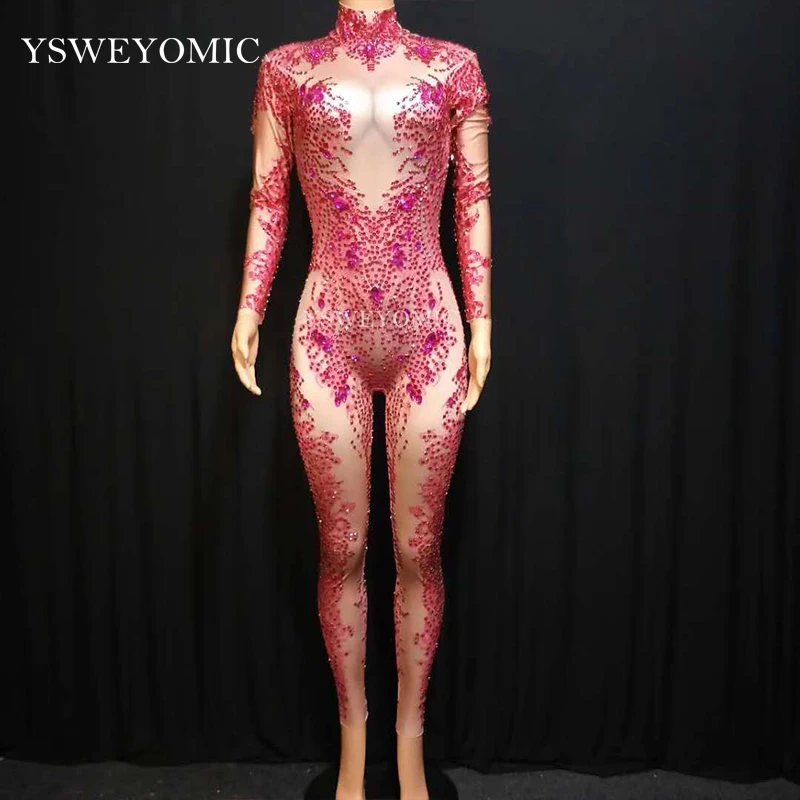 

2019 Rose Red Sparkly Jumpsuit Fashion Spandex Stretch Shining Dance Costume One-piece Bodysuit Nightclub Outfit Party Leggings