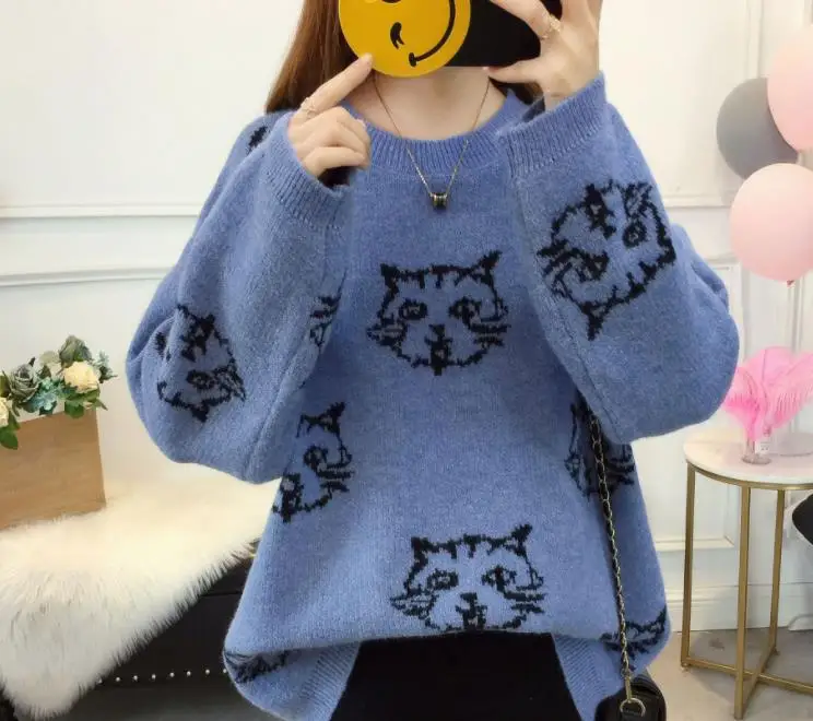 

Autumn and winter new women's cat pattern pullover sweater sweet loose sweater