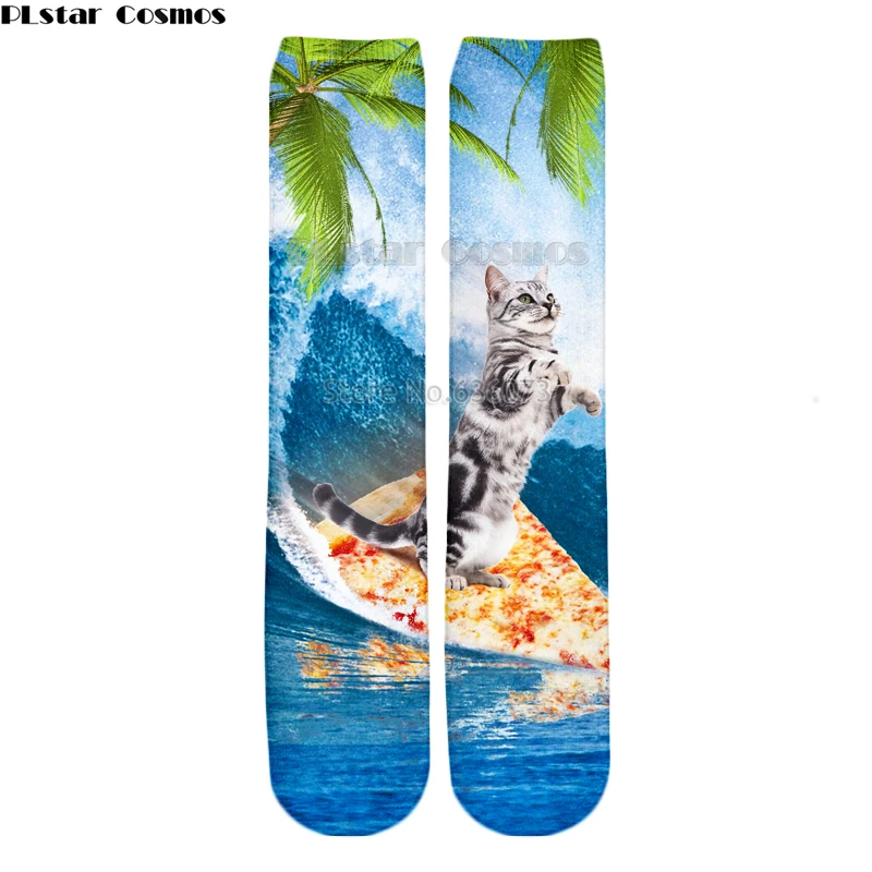 

PLstar Cosmos Drop shipping 2018 New style Fashion Knee High Socks Animal Funny cat and pizza Print 3d Men's Women's Sock
