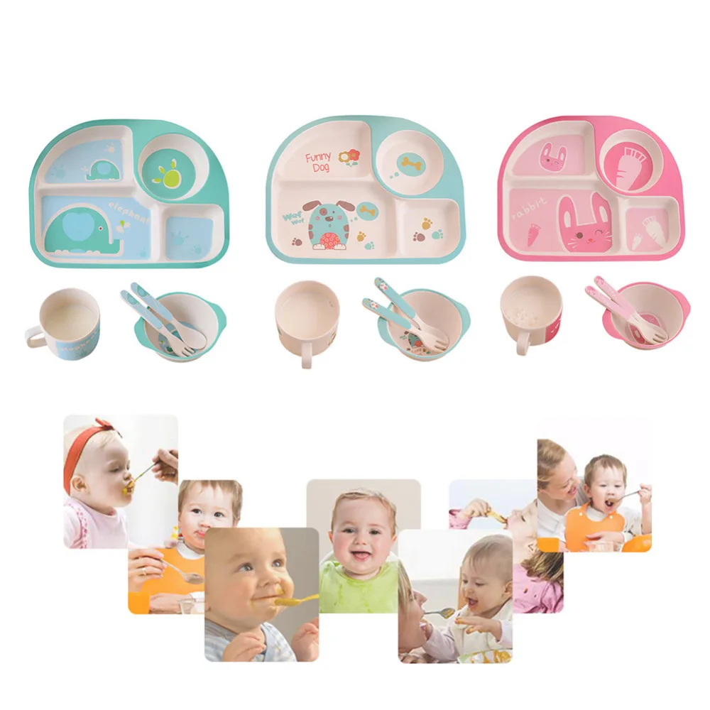 5 Pcs Set Kartun Bayi Peralatan Makan Makan Set Bambu Serat Bayi