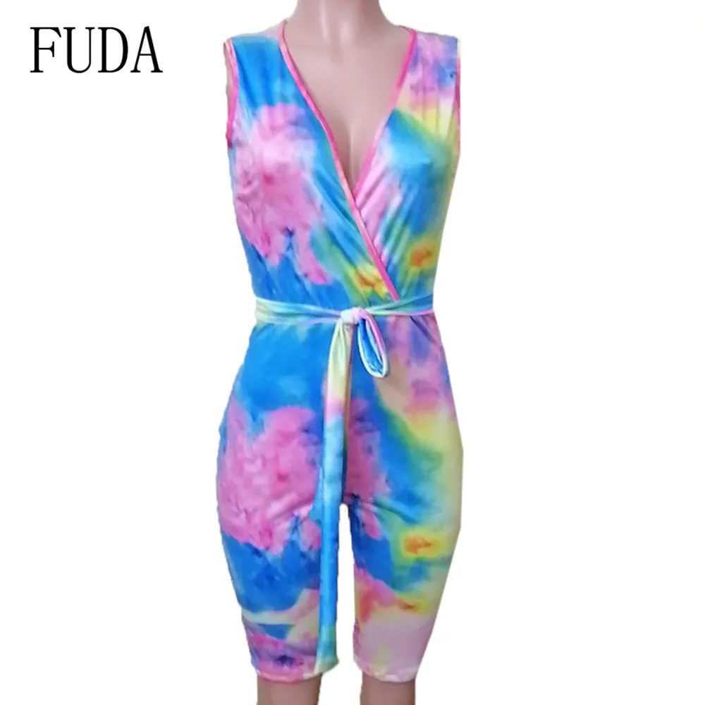 FUDA Blue Vintage Jumpsuits with Belt for Women Sexy Deep V-neck Hollow Out Bodycon Bandage Playsuits Summer Retro Overalls FUDA Blue Vintage Jumpsuits with Belt for Women Sexy Deep V-neck Hollow Out Bodycon Bandage Playsuits Summer Retro Overalls