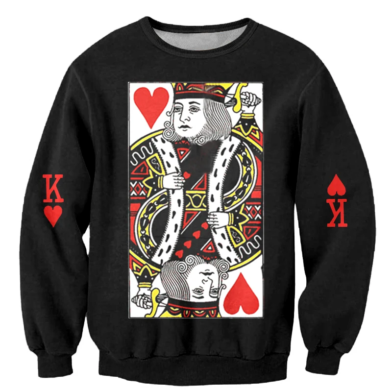 Fashion Black Sweatshirts Men Hoodie Sweatshirts Red Heart Poker King Print Hip Hop Crewneck Pullover 3d Sweatshirt 4XL