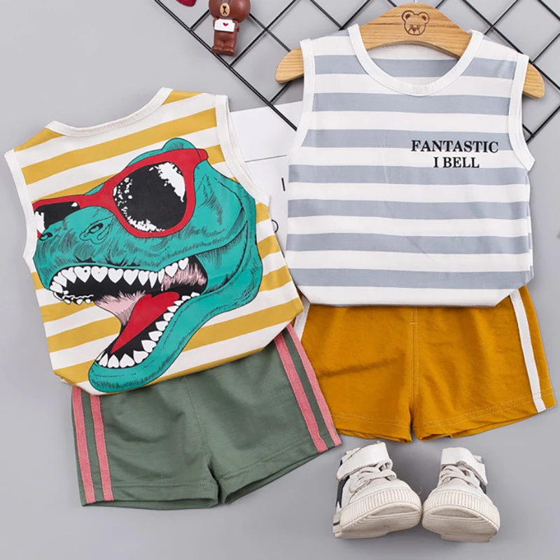 

Boys' Clothing Sets 2019 Summer Children's Sleeveless Set 1-4 Years Old Boy Baby Vest Sets Children's Wear Sets Dinosaur Pattern