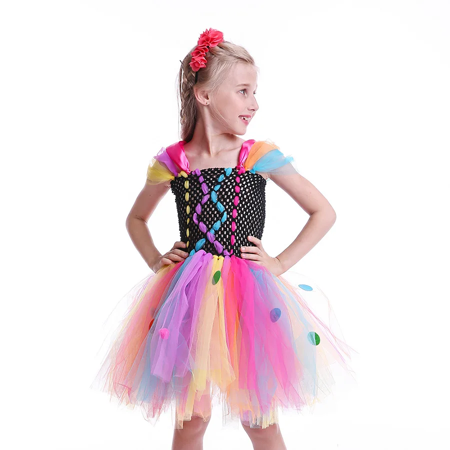 Girls Rainbow Fancy Halloween Tutu Dress Princess Handmade Multi Coloured Tulle Clothing Children Cosplay Clown Pageant Costume (5)