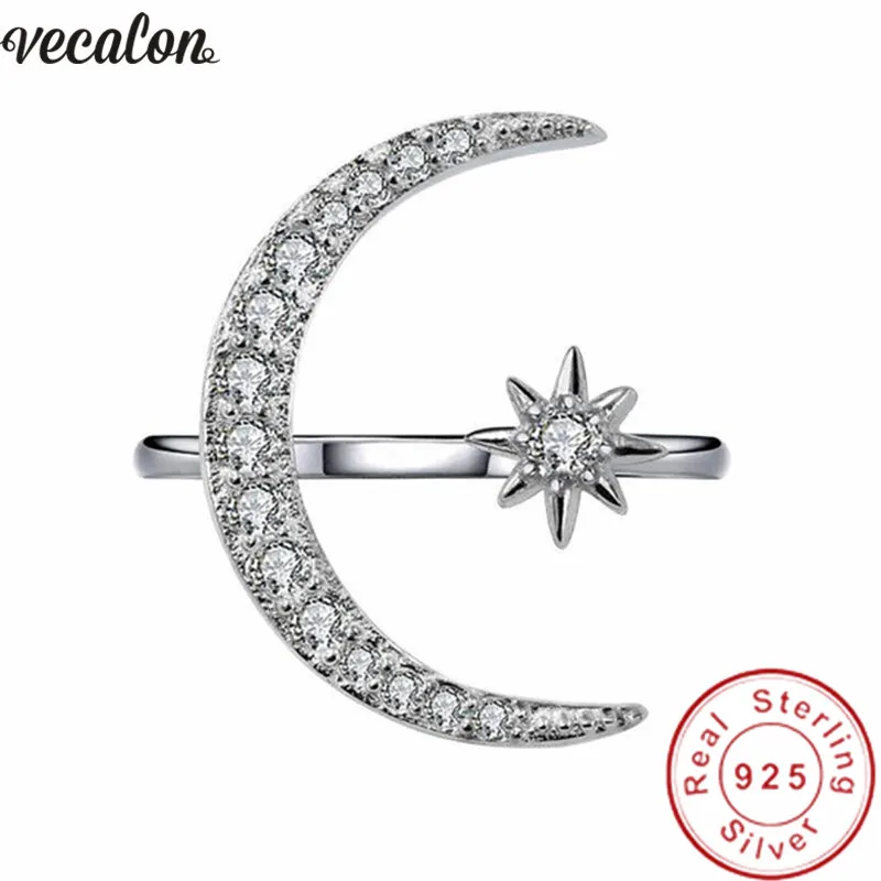 

Vecalon 3 colors Moon Star Promise ring 925 Sterling Silver AAAAA Cz Party wedding band rings For women Finger Jewelry