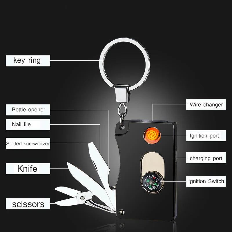 

Metal Multi-function Keychain Lighter Knife USB Charging Portable Personality Electronic Gift Box Packaging JL-930V