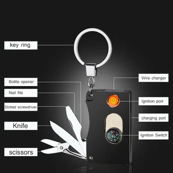 

Metal Multi-function Keychain Lighter Knife USB Charging Portable Personality Electronic Gift Box Packaging JL-930V