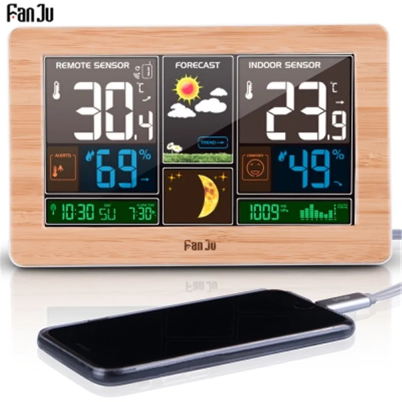

FanJu Wireless Weather Station Wall Digital Clock Indoor Outdoor Temperature Humidity Watch Moon Phase Forecast USB Charger