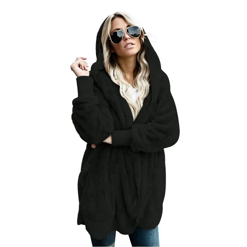ADEWEL, новинка, весеннее Женское шерстяное пальто, теплая верхняя одежда, мягкий флис, с капюшоном, искусственный мех, пальто, длинный рукав, кардиган, женская верхняя одежда - Цвет: Черный