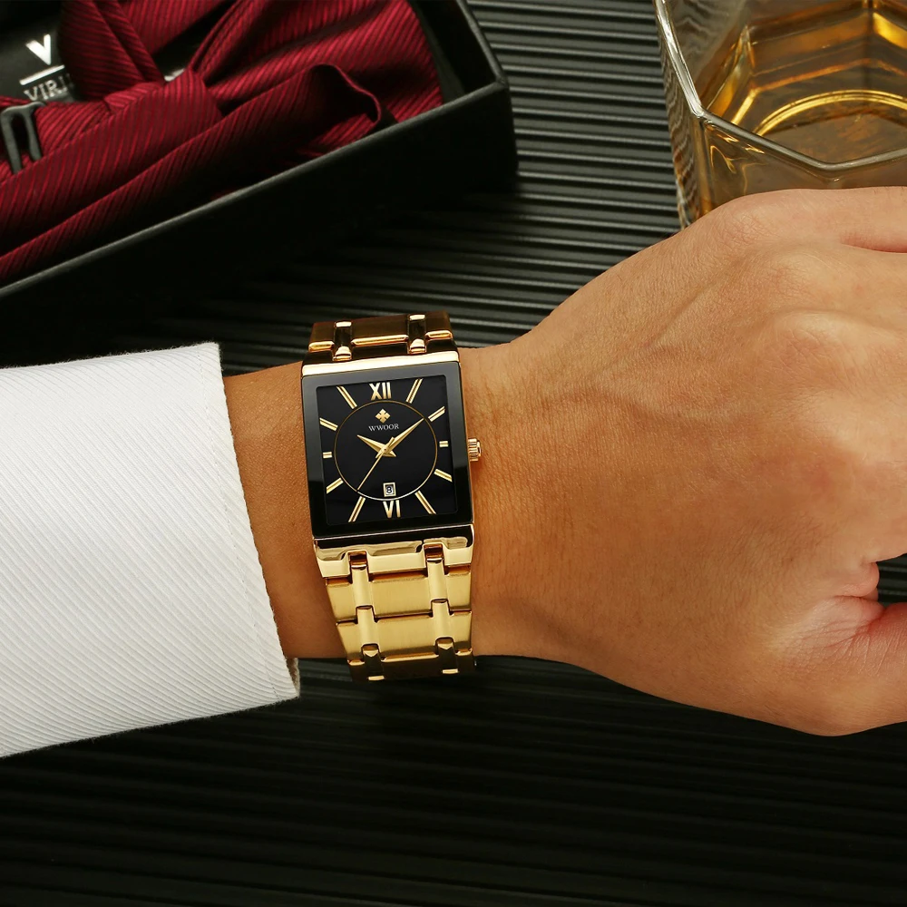 Новинка, кварцевые часы WWOOR, мужские часы, relogio masculino, топ, роскошный золотой браслет, наручные часы, стальные водонепроницаемые мужские золотые часы