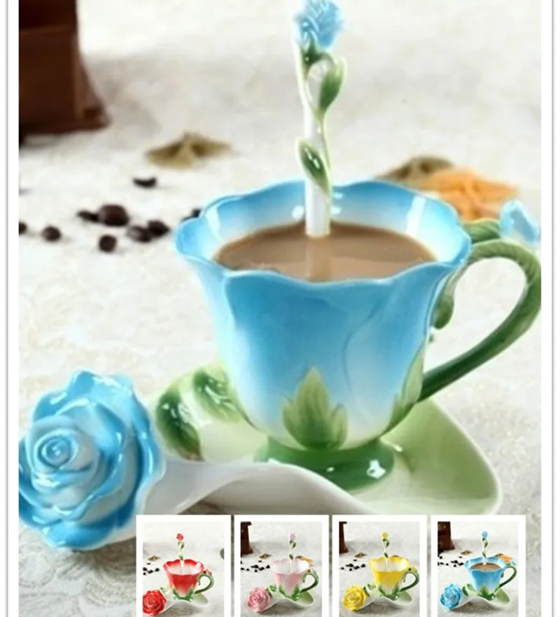 

2018 Rose Flower Bone Coffee Mug Chinese Ceramic Tea And Coffee Cups Set 1pc With 1pc Saucer And 1pc Spoon Lovely Gift