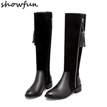 Женские Зимние ботфорты из натуральной кожи с двойной молнией в стиле пэчворк; брендовые дизайнерские модные зимние высокие сапоги с бахромой