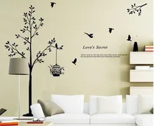 165*150cm(65*59 polegadas) adesivo de parede decorativo para sala de estar/quarto, papéis de parede da árvore preta, gaiola de pássaro, vinil