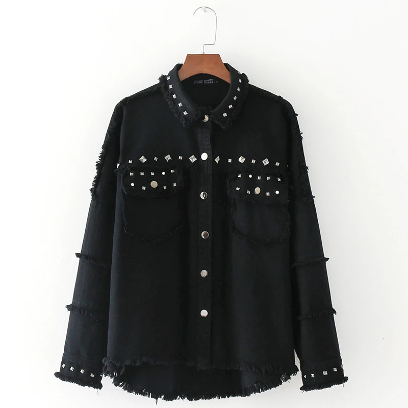 ShejoinSheenjoy Streetwear Pocket Rivet Frayed Jean Denim Jacket Women Turn-down Collar Long Sleeve Casual Coat Black Outerwear (4)