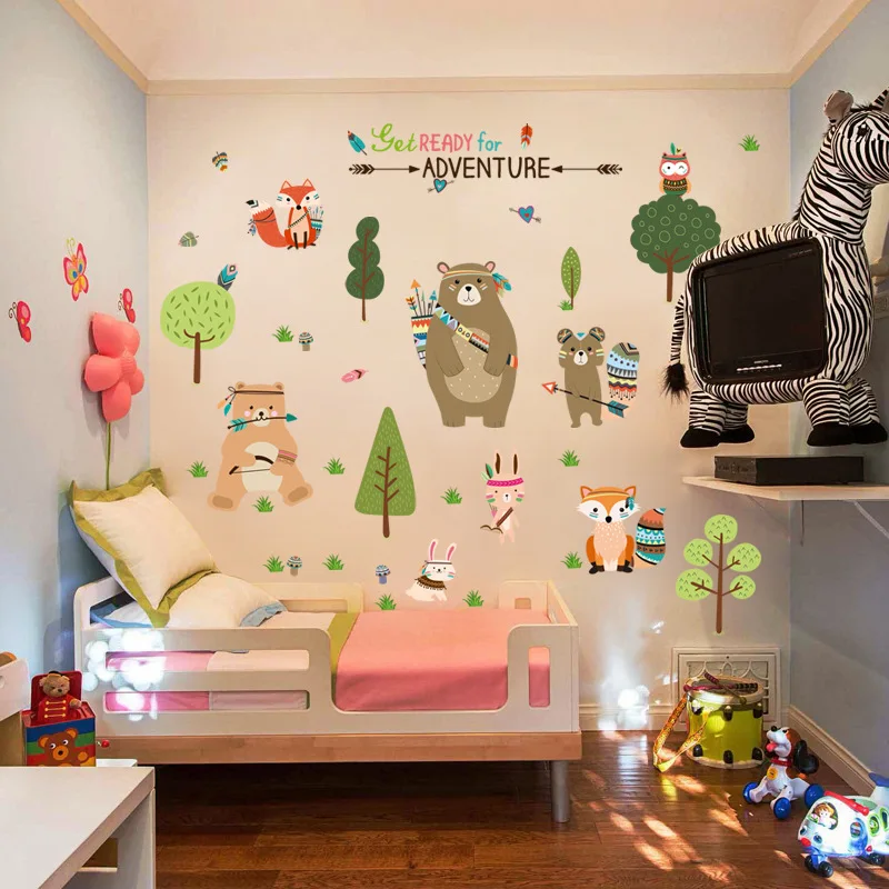 

Pvc Cartoon Bear Fox Indian Tribe Animals Wall Stickers for Kids Rooms Forest Tree Nursery Home Decor Wall Decals diy Mural Art