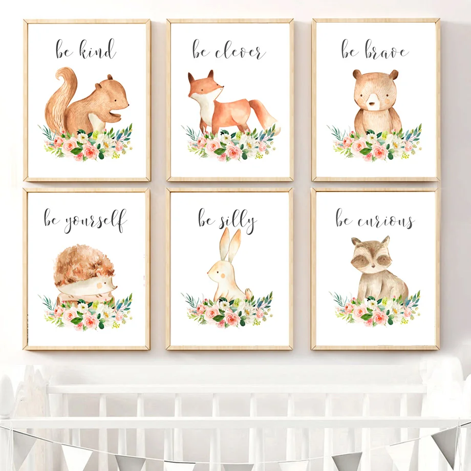 

Custom Baby name Prints Bear Fox Rabbit Raccoon Nordic Posters And Prints Wall Art Canvas Painting Wall Pictures Kids Room Decor